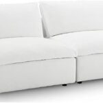 MAKLAINE Contemporary Polyester Fabric Armless Sectional Loveseat, White Linen-Like Texture, Down Feather and Cotton Cushions, Foam Seat, Solid Wood Frame, 2 Seater Sofa for Living Room