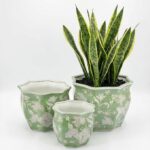 Galt International Green & White Round Fluted Floral Porcelain Ceramic Plant Flower Planter Pot Set of 3 (7.5″, 10″, 13″) Garden Pots Chinese Asian Design