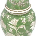Galt International 14″ Green & White Floral Ceramic Porcelain Ginger Jar Floral Home Décor Jar Urn Shape Vase
