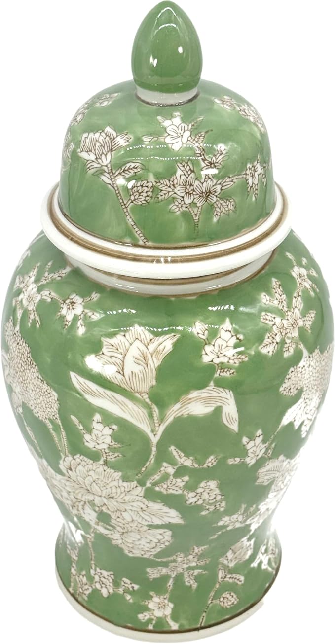 Galt International 14″ Green & White Floral Ceramic Porcelain Ginger Jar Floral Home Décor Jar Urn Shape Vase Galt International 14″ Green & White Floral Ceramic Porcelain Ginger Jar Floral Home Décor Jar Urn Shape Vase