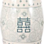 JONATHAN Y Double Happiness 18″ Ceramic Garden Stool, Traditional Chinoiserie Dusty Teal and White Indoor/Outdoor Patio Drum Accent Side Table and Plant Stand TBL1013C