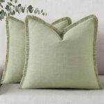 decorUhome Summer Decorative Neutral Linen Fringe Throw Pillow Covers Set of 2 Sage Green Pillow Covers with Tassels Soft Farmhouse Boho Accent Pillow Cases for Couch Bed Sofa 18×18 Inch