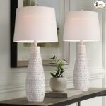 360 Lighting 29 1/2″ Tall Modern Coastal End 3-Way Table Lamps Set of 2 USB Port Whitewash Ceramic Fabric White Shade Living Room Charging Bedroom Bedside Nightstand House Office Home Reading