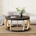 KEIKI 35.43”L Rattan Solid Wood Round Coffee Table, Vintage Boho Center Accent Table with Curved Legs for Living Room, Small Space, Black Brownl