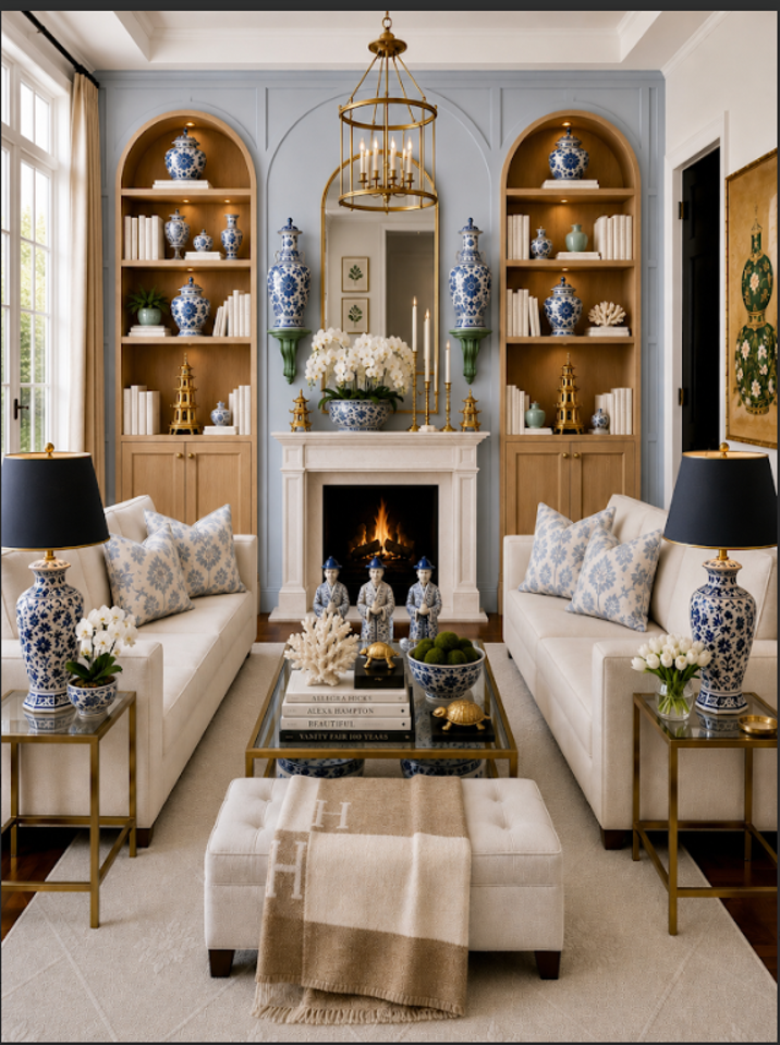 blue and white family room