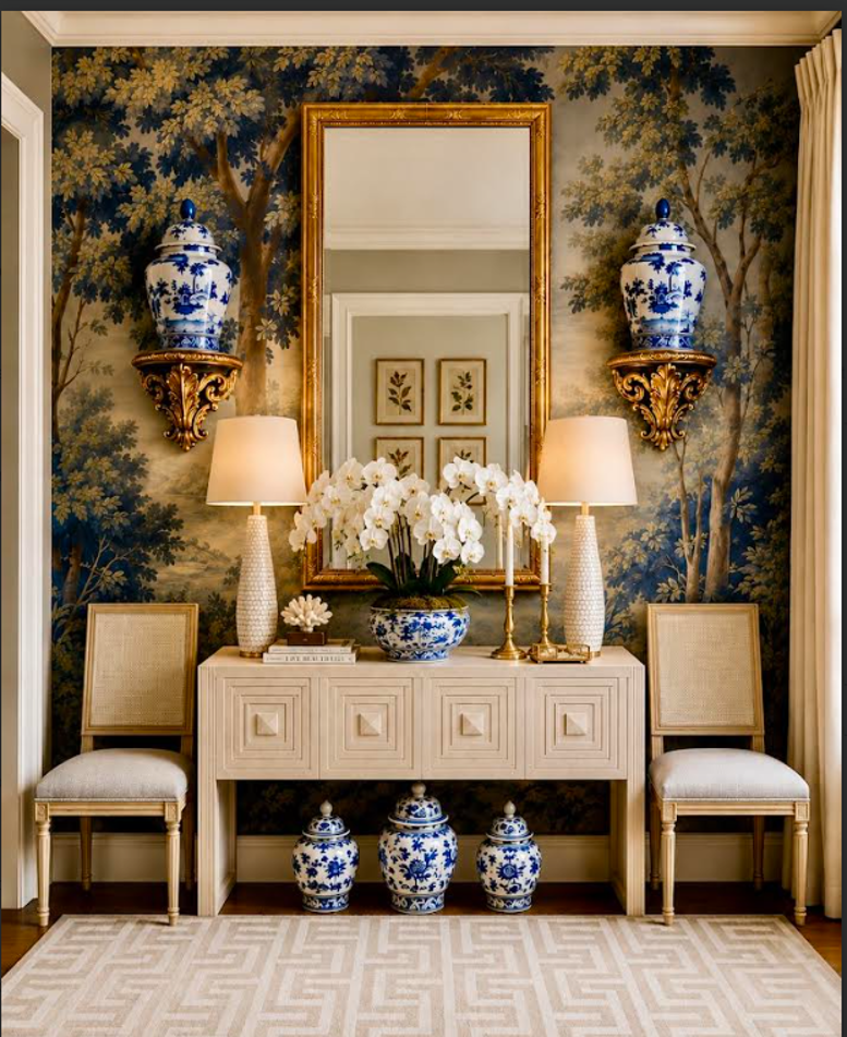 white and blue entry