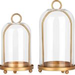 Vintage Brass Metal Candle Lantern with Thick Glass Dome – Set of 2 Shabby Chic Style Candle Holders (5.25″x10″ & 4.5″x7.87″) – Hanging or Tabletop Decor for Pillar Candles, Plants Brand: SUJUN