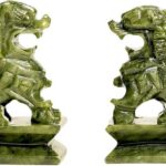 A Pair Natural Green Jade Carved Feng Shui Fu Foo Dog Guardion Door Lion (2.8″ H x 1.8″ L x 1.2″ W (inch) 0.7lb)