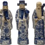 Blue and White Porcelain Three Lucky Gods Chinese Statue Set