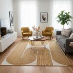 Modern Handmade Wool Area Rug, Abstract Curved Line Geometric Carpet for Living Room Bedroom, Contemporary Tufted Indoor Rug with Soft Pile and Cotton Backing (Gold, 5′ x 8′)