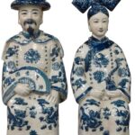 Blue and White Porcelain Qing Emperor and Empress Chinese Statue Set, 2 Pieces