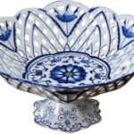 Vintage Floral Round Chinoiserie Ceramic Serving Bowl with Draining Holes, Blue And White10″ Large Fruit Basket, Hand Painted Multifunctional Tray for Table Countertop, Decorative Footed Platters