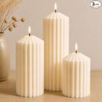 3 Pack Cream White Ribbed Pillar Candles-Natural Soy Wax Unscented,Non-Toxic,Smokeless Large Candle-2.8″ x4,6,8 Inch Aesthetic Modern Candles for Home Decor,Dinner Table,Living Room,Housewarming Gift