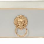 Jaye’s Studio 12 Inch Plant Pot, Taupe Metal Lion Cachepot Indoor Floor | Hand-Painted Gold Motif, Fluted Rectangular Form, Holds Large Grower Cups, Console Entry Corner, Statement Gift
