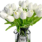 20pcs White Tulips Artificial Flowers 13 Inch PU Fake Flowers Fake Tulips for Mother’s Day Easter in Home Wedding Office Party Table Decoration