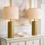 PoKat 27.5” Tall Brass Gold Table Lamps Set of 2 for Living Room, Modern Table Lamps for Bedroom Night Stands, Retro Ceramic Bedside Lamps, Nightstand Lamps for Sideboard Side End Table, Gold