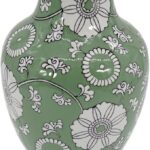 Galt International 14” Hand Painted Chinoiserie Ceramic Vase – Antique Style Porcelain Flower Bottle by Galt International, Fishtail Chinese Vase for Home Decor & Centerpiece – Green & White