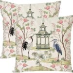 PANDICORN Chinoiserie Throw Pillow Covers 18×18 Inch Set of 2 Pagoda Crane Pink Green Vintage Outdoor Grandmillennial Decorations Decorative Cushion Cases for Home Living Room Sofa Couch Decor