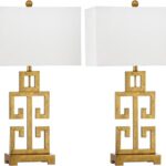 SAFAVIEH Lighting Collection – Greek Key Table Lamp Set of 2 – Antique Gold Metal Base with White Fabric Shade, LED Bulbs Included, 29-Inch Bedroom Living Room Desk Lamps (LIT4305A-SET2)
