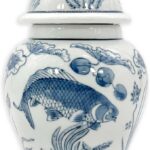 8″ Ceramic Ginger Jar w/Lid – Classic Chinese Style Porcelain Jar Tea Storage for Home Decor Decorative Centerpiece Vintage Accent Antique Vase Jingdezhen (Slate Blue & White Koi)