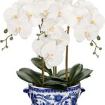 Briful Orchid Artificial Flowers in Blue and White Porcelain Pot 19.7″ White Faux Silk Orchid Arrangement Large Fake Orchid Floral Centerpiece for Elegant Home Office Living Room Kitchen Table Decor