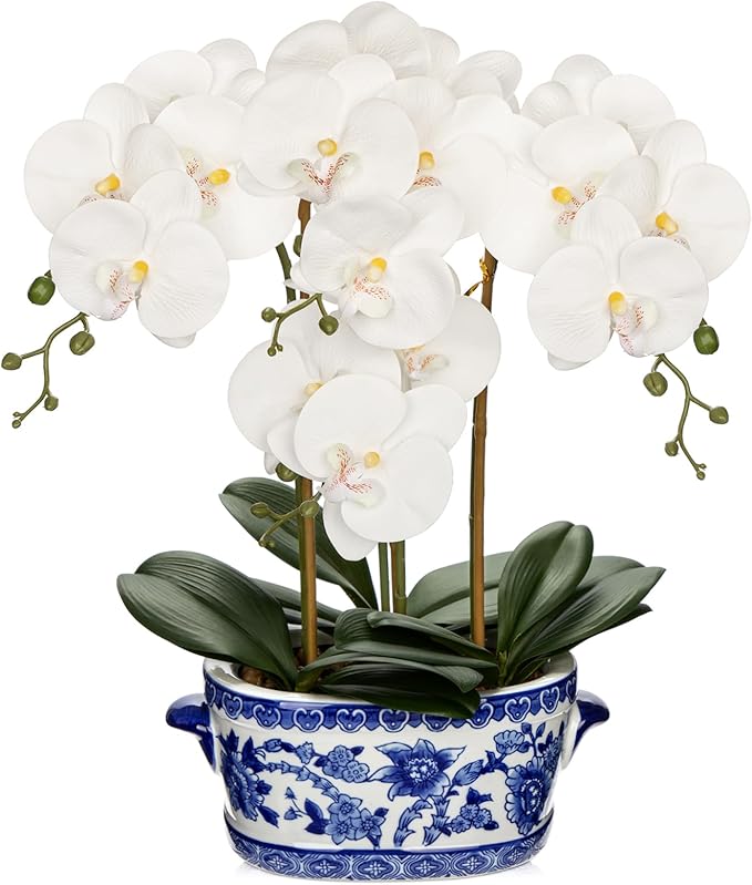 Briful Orchid Artificial Flowers in Blue and White Porcelain Pot 19.7″ White Faux Silk Orchid Arrangement Large Fake Orchid Floral Centerpiece for Elegant Home Office Living Room Kitchen Table Decor Briful Orchid Artificial Flowers in Blue and White Porcelain Pot 19.7″ White Faux Silk Orchid Arrangement Large Fake Orchid Floral Centerpiece for Elegant Home Office Living Room Kitchen Table Decor