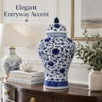 24″ Classic Blue and White Floral Porcelain Ceramic Temple Ginger Jar Vase, Large China Qing Style (Floral)