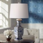 Barnes and Ivy Iris Vintage Asian Chinese Style Table Lamp 28″ Tall Porcelain Blue Floral Jar Geneva White Drum Shade Cottage Core Decor for Living Room Bedroom House Bedside Nightstand Home Office