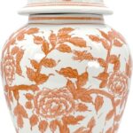 Galt International Orange & White Floral Chinoiserie Ceramic Temple Jar 18″ w/Lid – Ginger Jar Home & Kitchen Decor for Interior Design