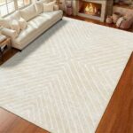 Large Area Rug 10×13 Living Room Rug Indoor Non Slip Geometric Large Bedroom Area Rug Stain Resistant Modern Dining Room Throw Rug Low Pile Contamporary Carpet for Office Home Decor, Cream