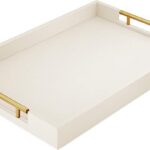 ATZYmolin 17″ x 12″ Wood Serving Tray with Gold Polished Metal Handles, Home Decorative Wooden Rectangle Ottoman Leather Decor Platter Bathroom Vanity Tray for All Occasions White