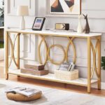 HOMISSUE Sofa Console Table, Modern Gold Console Table with Faux Marbled Tabletop, Engineered Wood Entryway Tables with 2 Tier Storage, Narrow Sofa Table for Living Room, Hallway (55 Inch, White&Gold)
