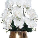 Orchids Artificial Flower Real Touch Fake Flowers with Large Ceramic Pot 23.6 Inch Faux Phalaenopsis Plant for Home Office Bathroom Indoor Decor(9 Stems, White-Golden)
