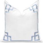 Hofdeco Premium Coastal Patio Indoor Outdoor Throw Pillow Cover Only, 20″x20″ Water Repellent for Backyard, Couch, Baby Blue Embroidered Frame Greek Key