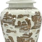 Galt International Large 25″ Brown & White Classic Landscape Chinoiserie Ceramic Temple Jar w/Lid – Ginger Jar Home & Kitchen