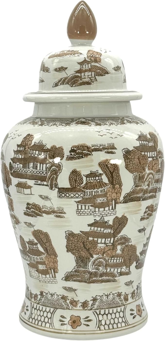 Galt International Large 25″ Brown & White Classic Landscape Chinoiserie Ceramic Temple Jar w/Lid – Ginger Jar Home & Kitchen Galt International Large 25″ Brown & White Classic Landscape Chinoiserie Ceramic Temple Jar w/Lid – Ginger Jar Home & Kitchen
