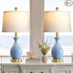 24″ Light Blue Ceramic Table Lamps Set of 2, Modern Classic Bedside Lamps for Bedroom Nightstand, Small Table Lamp for Living Room Side Table (2 LED Bulbs Included)