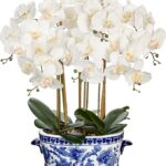 Briful Large White Orchid Artificial Flower in Blue and White Porcelain Pot 25.6″ Faux Silk Orchid Arrangement Fake Orchid Floral Centerpiece for Elegant Home Office Living Room Kitchen Table Decor