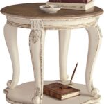 Signature Design by Ashley Realyn Round End Table, Cottage-Style Side Table with Antiqued Two-Tone Finish, Wood & Veneer Construction for Living Room or Bedroom, White/Brown