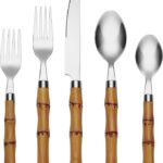 Cambridge Silverware Set, Plastic Bamboo-Shaped Handle 20-Piece Flatware Set, 18/0 Stainless Steel, Service For 4, Dishwasher Safe, Knife Spoons and Forks sets, Plastic Handles (Silver, 20 Piece)