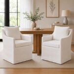 Linen Slipcovered Dining Chairs Set of 2 with Arms, Upholstered Farmhouse Dining Room Chairs, Skirted Parsons Kitchen Chair, Accent Chair for Dining/Living Room, White Visit the DM Furniture Store