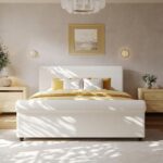 Christopher Knight Home Chenzi Linen Upholstered Queen Bed Frame with Headboard and Footboard, Wooden Platform Queen Size Bed Frame and Double-Layer Oval Legs, No Box Spring Needed, White