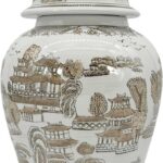 Galt International Brown & White Floral Chinoiserie Ceramic Temple Jar 18″ w/Lid – Ginger Jar Home & Kitchen Decor for Interior Design – Brown & White
