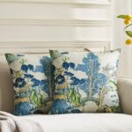 Pack of 2, Chinoiserie Pillow Cover 20 x 20 Inch Asian Scenic Blue and Green Throw Pillow Covers Linen Farmhouse Tree Leaves Pillow Case Cushion Covers for Sofa Couch Living Room