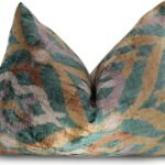 CANVELLO Handmade Velvet Ikat Throw Pillow – 16×24” Luxury Decorative Cushion with Premium Down Feather Insert – Soft & Stylish Home Decor Accent in Green, Gold & Beige
