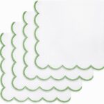 PurpleEssences Scalloped Embroidery Cloth Napkins – Spring Easter Summer – Table Decor – 100% Cotton – Set of 4-18×18 inch (White(Edges- Sage Green), 18 x 18 Inch)