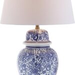JONATHAN Y 29.5″ Blue/White Ceramic Table Lamp for Living Room and Office, White Linen Drum Shade, Traditional Chinoiserie Ginger Jar Lamp, LED Bulb Included JYL3008A