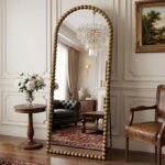 Antok 71″ x 28″ Arched Full Length Mirror, Antique Beaded Frame Floor Standing or Wall Mounted Mirror with Stand for Bedroom, Entryway, Bronze, Luxury Style