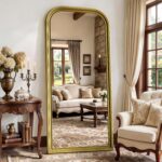 Full Length Mirror with Stand, 71″x32″ Full Body Mirror, Floor Length Mirrors Wall Mounted with Rounded Top, Large Standing Mirrors, PU Frame, for Bedroom Living Room Cloakroom, Antique Gold