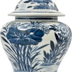 Galt International Blue & White Floral Ceramic Porcelain Chinoiserie Ginger Jar w/Lid Classic Temple Jar Home & Kitchen Decor for Interior Design 15.5″